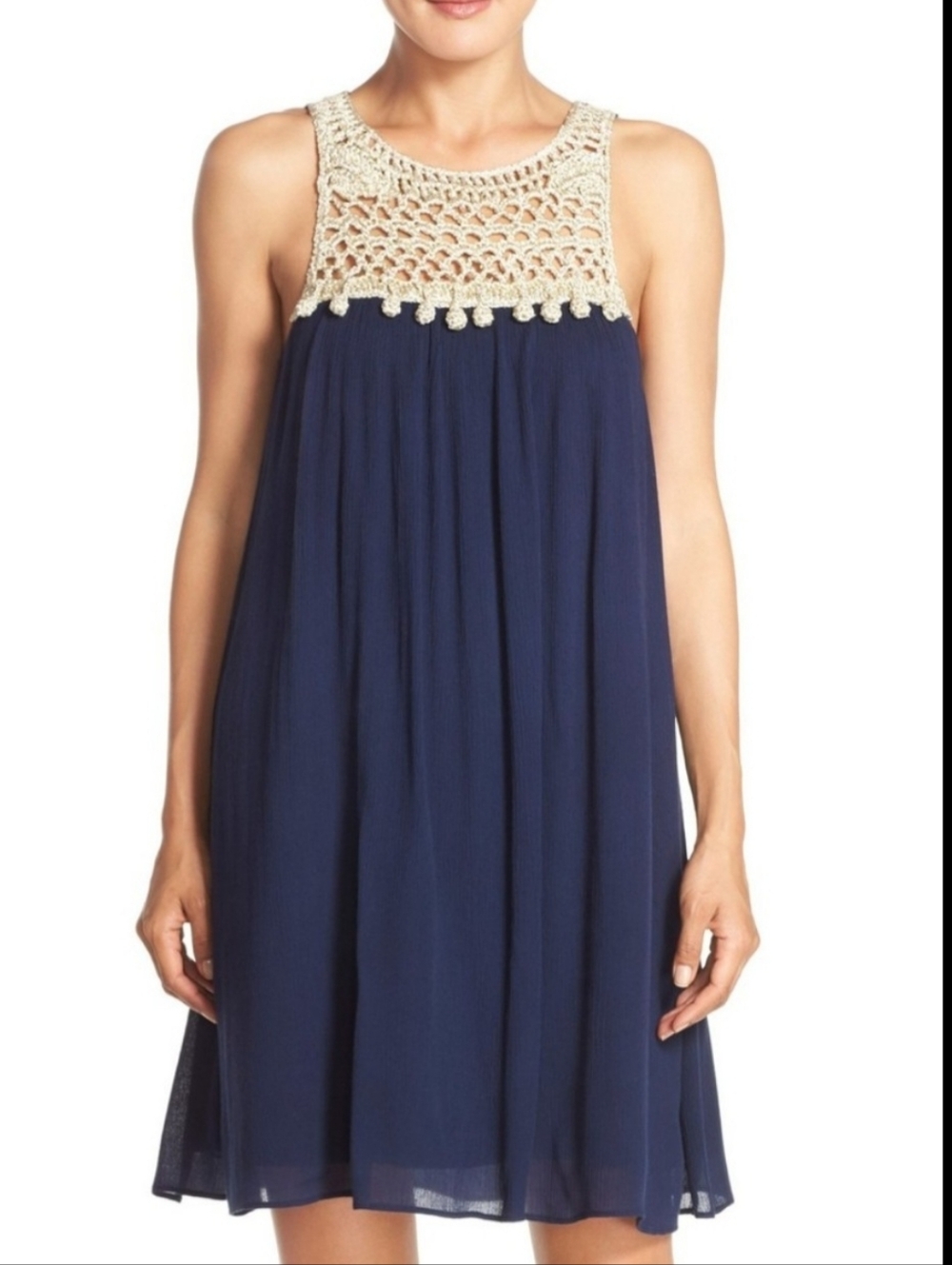 Lilly Pulitzer Rachelle Flowy Navy Crinkle Gauze Mini Dress Gold Crochet Medium